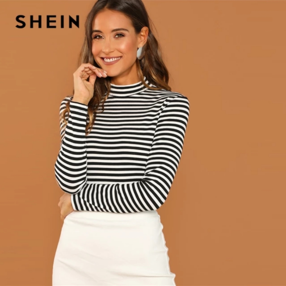 SHEIN Black and White Striped Long Sleeve Shirt - Picture 1 of 7